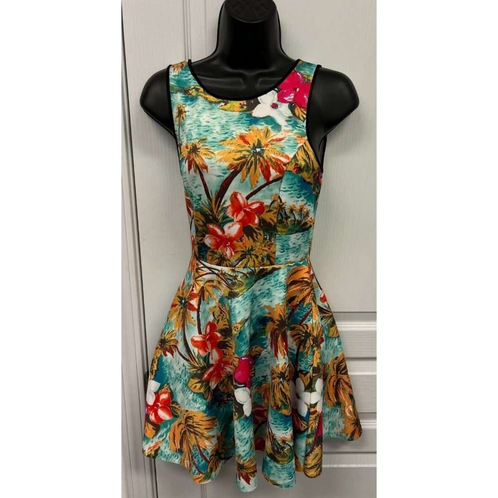 Forever 21 Womens Dress S Tropical Hawaiian Knit Skater Tank Floral Flare